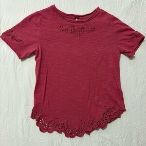 Free People Women’s Small Short Sleeve Eyelet Cut Out Shirt Boho Indie Pink